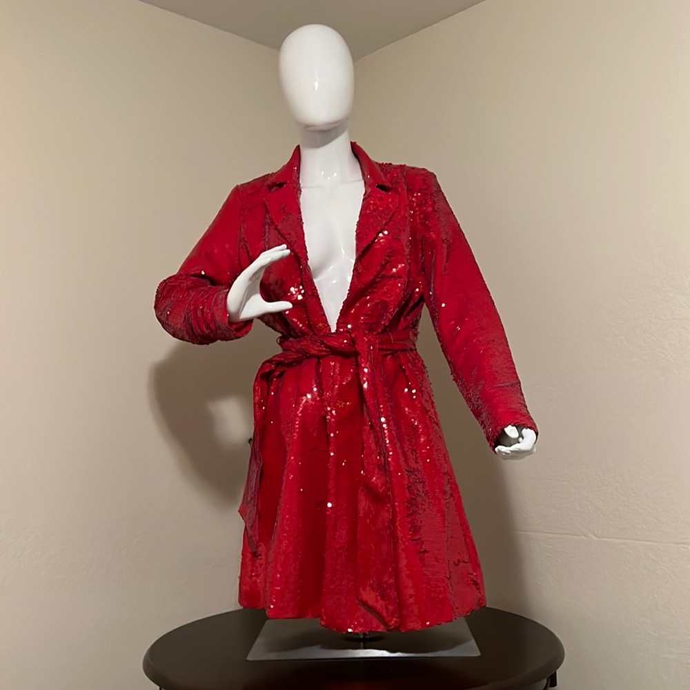 Red Sequin Duster Blazer Wrap Kimono Jacket NWT Size 6